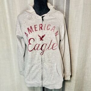 American Eagle Full Zip Gray Hoodie Adult XL LOGO Sweatshirt Raglan Sleeve 2010s